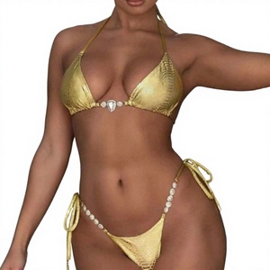 Golden Metallic <b>Bikini</b> Set 2 Piece Halter Top Tie Side Bottom <b>Rhinestone</b> Decoration Stretch Fit Women Swimwear - Product Image 3