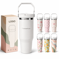 Gobelet isotherme en acier inoxydable 304 de 30 oz avec couvercle rabattable, paille intégrée et poignée de transport, idéal pour la sublimation et les voyages (vente en gros)
