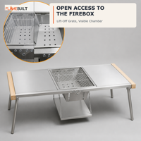 Mesa de Camping Dobrável 2 em 1 FLAMEBUILT com Churrasqueira a Carvão em Aço Inoxidável e Construção em Madeira 100 cm Modular IGT com Acabamento em Madeira