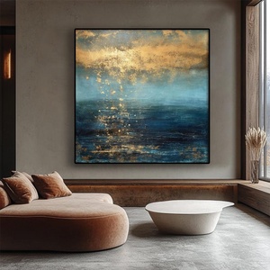 Màu xanh hải quân màu trắng nghệ thuật hiện đại vàng lá lớn nghệ thuật tường trừu tượng với khung tranh sơn dầu trên vải cảnh quan trang trí nhà - Product Image 2
