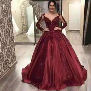 Akşam elbise balo bayan parti etek Lady V boyun uzun kollu zarif kat uzunluk kırmızı - Product Image 4