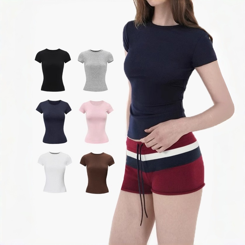 Top for Women Slim Fit Tshirt Tight T-shirt Crew Neck Fitness Sexy Solid Round Collar High Elastic Yoga Top Short Sleeves Casual