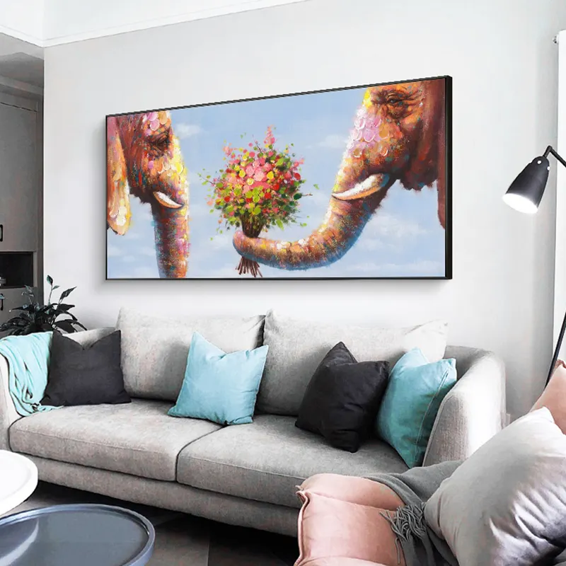 100% dilukis tangan ruang tamu dekorasi rumah abstrak gajah bunga Courtship seni dinding dilukis tangan kanvas lukisan minyak gajah