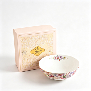 Vaisselle en céramique de luxe sur mesure, série florale Anna, bol de 9 pouces avec bord doré, coffret cadeau pour mariage. - Product Image 2