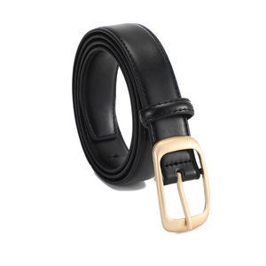 Ceinture en cuir véritable pour femme, noire, en cuir de vachette, fine, avec boucle ardillon rectangulaire dorée pour jeans, collection Printemps 2025 - Product Image 1