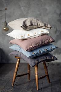 Ensemble de literie reine avec motif à carreaux taie d'oreiller en lin lavé doux fermeture à bouton technique tricotée naturelle délavée pour la maison - Product Image 3