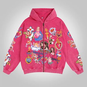 Sweat à capuche femme bouffée impression pull ample automne tricoté anti-boulochage fermeture éclair rue hiver sweat - Product Image 5