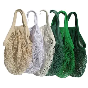 Commercio all'ingrosso prodotti alimentari riutilizzabili stampati personalizzati in cotone borsa a rete con la maniglia del logo