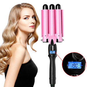 Varita de cerámica profesional personalizada para mujer, tres ondas profundas, rizador de 3 barriles, color rosa - Product Image 1