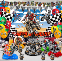 Fournitures pour fête d'anniversaire sur le thème des motos tout-terrain : bannière de fond, guirlandes, décorations de gâteaux, ballons imprimés, autocollants, centres de table