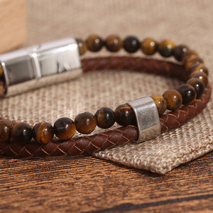 Bracciale da uomo alla moda personalizzato con perle di pietra naturale marrone e pelle, semplice bracciale a doppio strato con chiusura magnetica in lega - Product Image 3