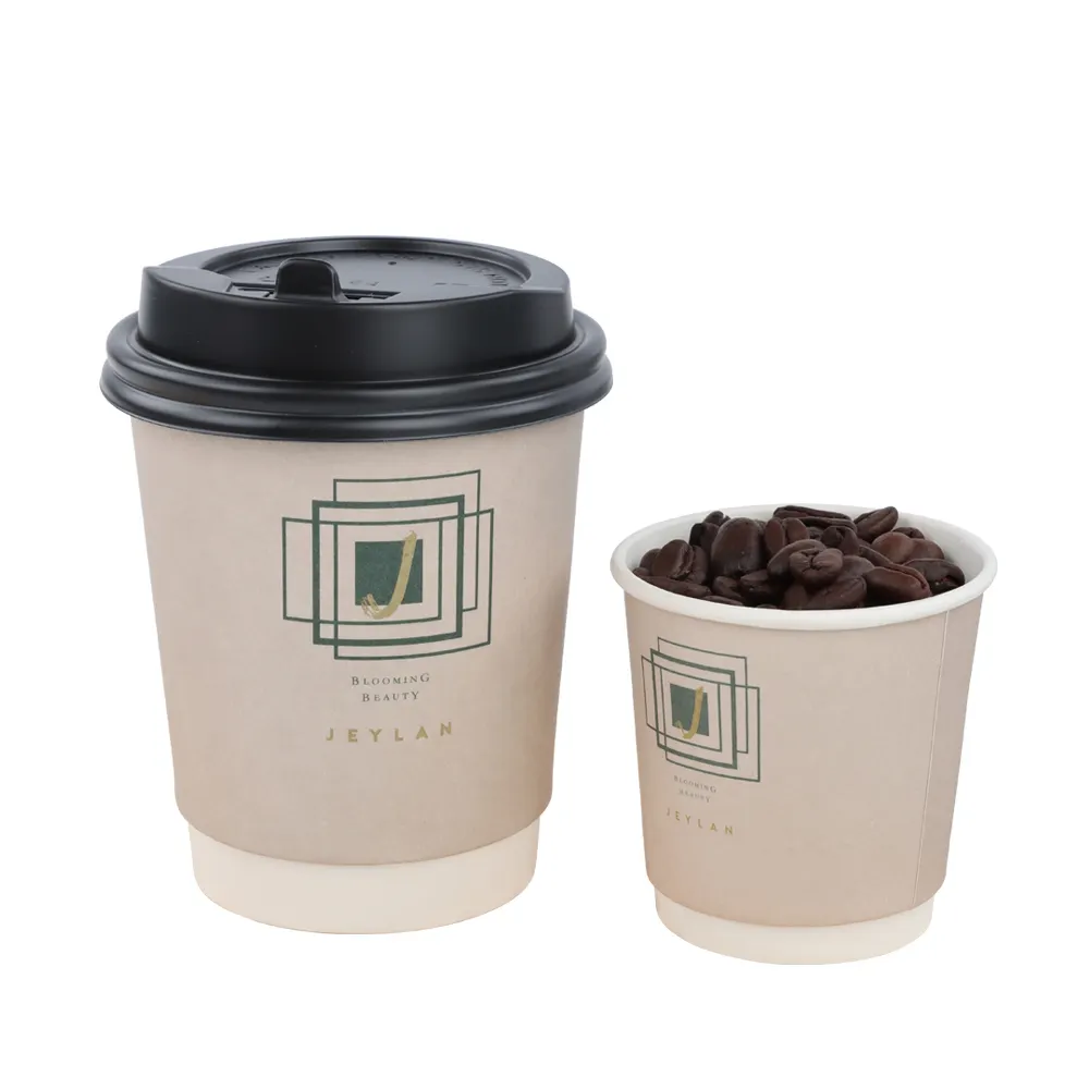 Оптовая продажа, одноразовые бумажные кофейные чашки с двойными стенками и пластиковыми крышками с печатным логотипом на заказ