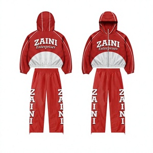 Premium ZAINI <b>Men's</b> Winter Hooded 110 GSM Nylon Breathable Casual Windbreaker <b>Suit</b> <b>Red</b> White Solid Heat-Transfer Printed Set - Product Image 1