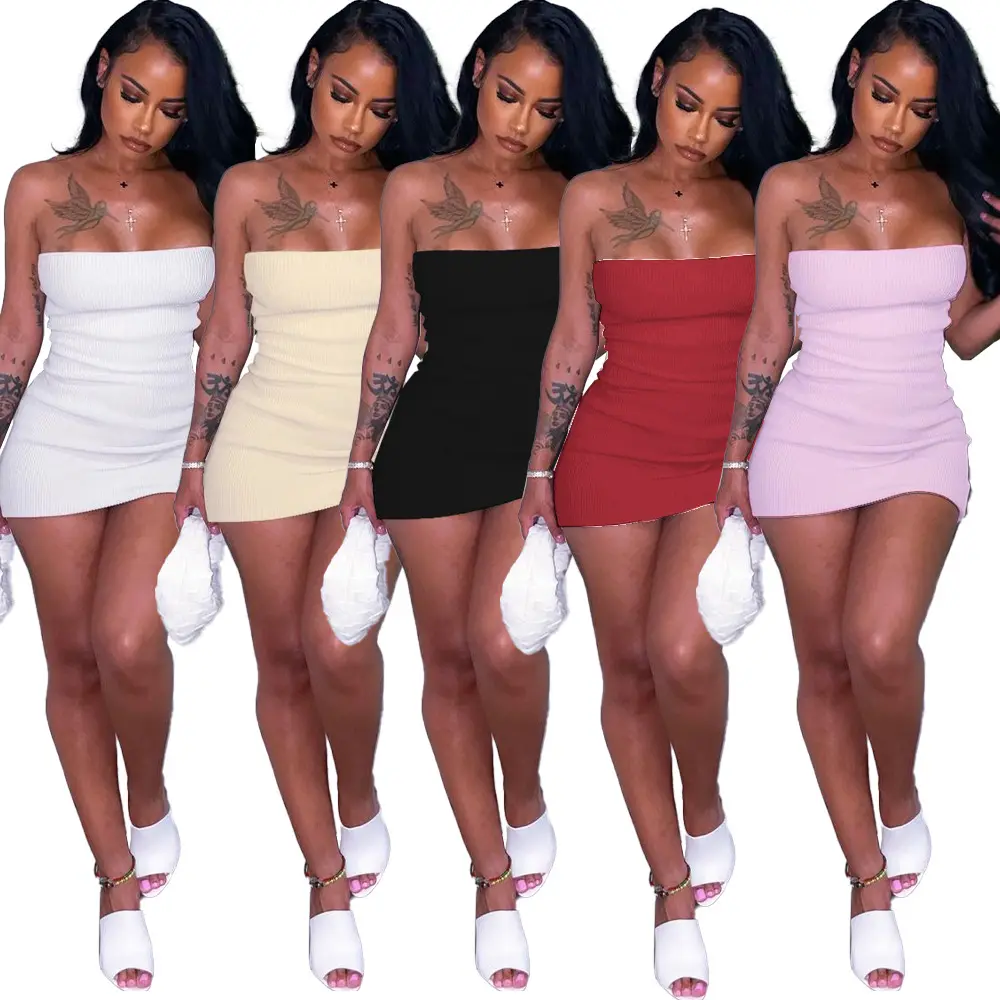 2023 Summer Tight Skirt Strapless High Stretch Tube Top Dress Solid Mini Womens Bodycon Dresses With Lady