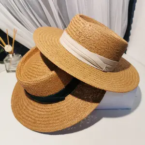 INS di Modo Della Corea Casual Sombrero Visiera Paglietta Cappello Del Sole per Le Donne Delle Ragazze Della Spiaggia di Estate All'aperto Tesa Larga cappello di Paglia Nastro Piatto cappelli a cilindro