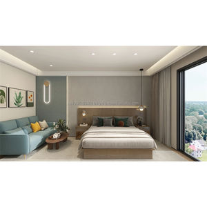 Juego completo de muebles de dormitorio de madera de 3 estrellas para hotel, económico, con cama king size, mesita de noche, sofá, cabecero, armario y soportes para TV - Product Image 1