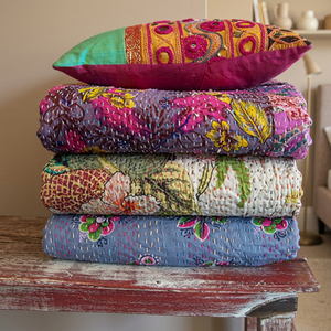 Ethnic <b>Indian</b> Vintage Cotton Sari Fruit Print Hand Stitched Kantha <b>Throw</b> - Product Image 2
