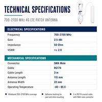 Antenne patch adhésive 4G LTE 700-2700MHz 2.5dBi SMA Mâle 3M RG174 pour modules de routeur DTU CPE de traceur de véhicule