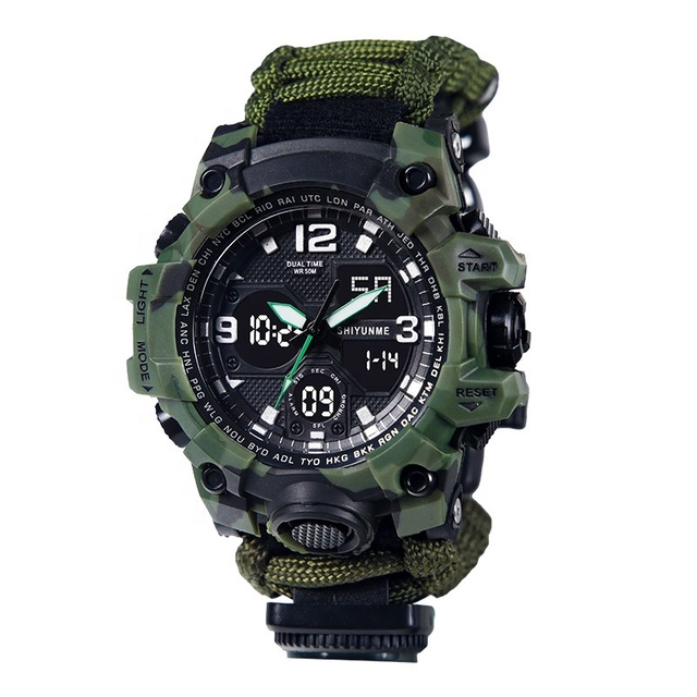 Men's Outdoor Sports Watch With Paracord Electronic Whistle Flintstone Compass Waterproof Thermometer