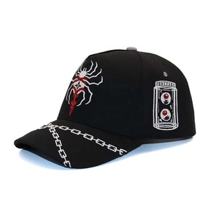 Mũ Đen Nhện thêu da lộn Mũ bóng chày tinh khiết Bông Thêu Logo tùy chỉnh 5 Bảng điều chỉnh mũ - Product Image 1