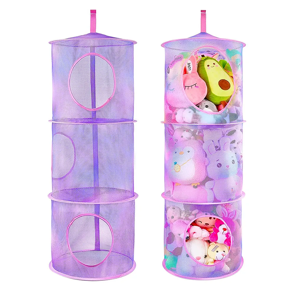 Hanging Mesh Space Saver Bags Organizer 3 Compartments Toy Storage Basket for Kids Room Organization