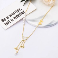 Collier pendentif en perle plaqué or 18 carats en acier inoxydable avec papillon en coquillage, bijoux fantaisie personnalisés pour femmes