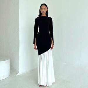 Robe de soirée chic pour femme 2025, coupe ajustée, col rond, manches longues, asymétrique, patchwork noir et blanc avec dentelle et sequins - Product Image 4