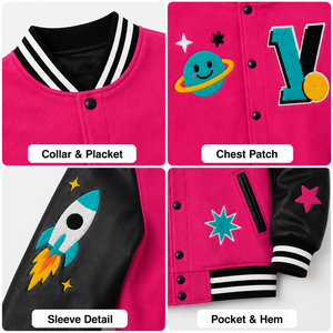 <span class=keywords><strong>Giacca</strong></span> Varsity Personalizzata da Uomo, <span class=keywords><strong>Fucsia</strong></span> e Nero, con Motivi Patchwork e Ricami Grafici, Stile Letterman in Tessuto Pesante Effetto Lana - Product Image 4