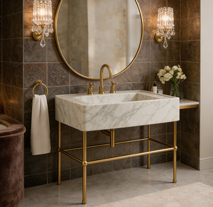 Lavabo in Marmo Bianco e Nero Personalizzato con Gambe in Ottone, <span class=keywords><strong>Lavandino</strong></span> in Pietra Naturale, Lavabo Moderno da Parete in Marmo - Product Image 1