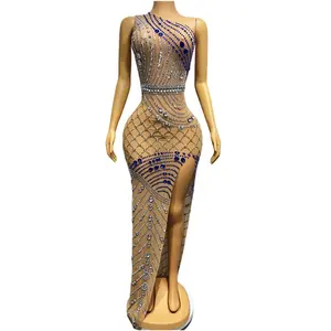 NOVANCE products dropshipping one shoulder sexy high slit blue diamonds luxury party dress fancy dress for evening party