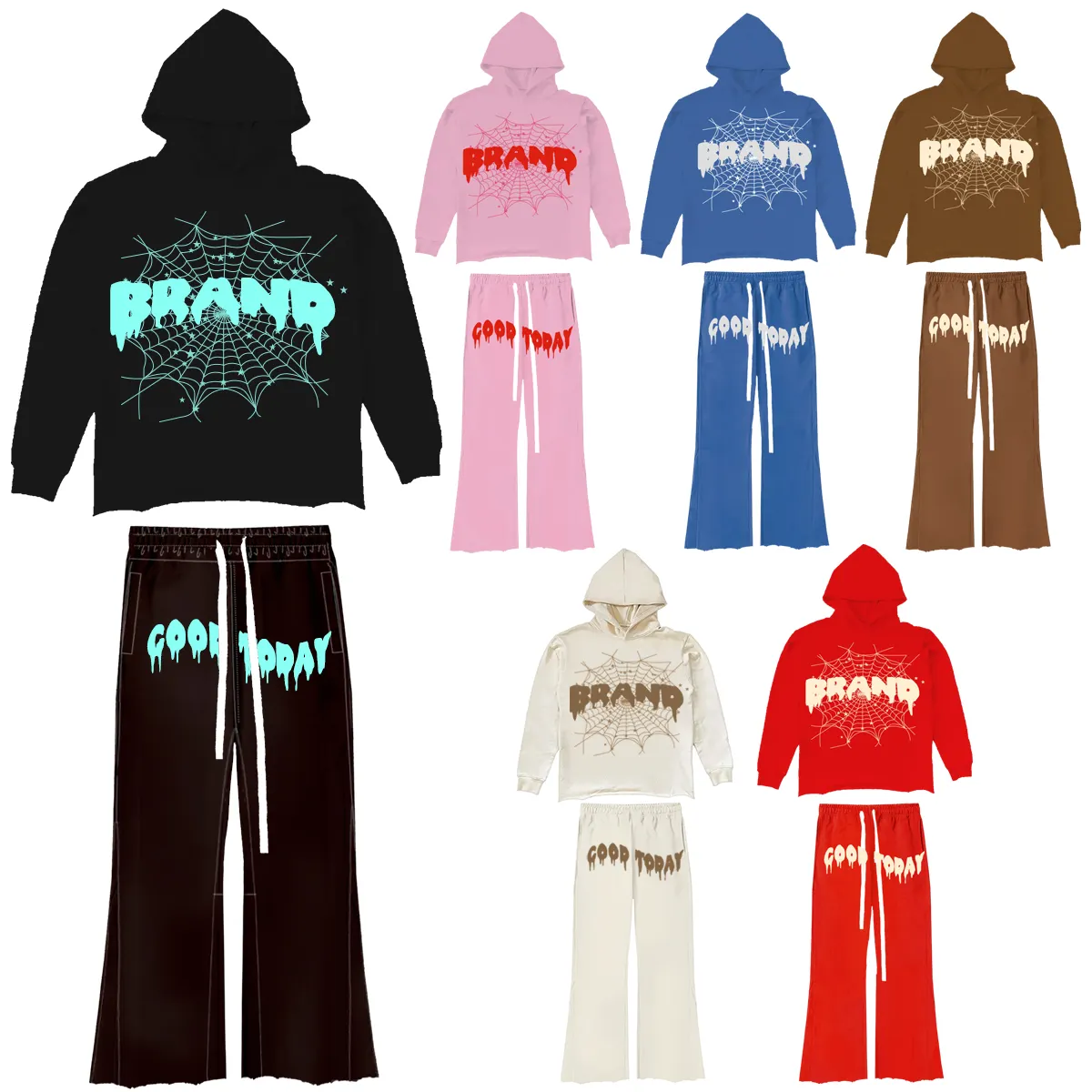 Nieuwe Custom Trainingspak 2 Delige Flare Broek Set Heren Tweedelige Sets Crop Top Heren Uitlopende Joggingbroek En Hoodie Sets