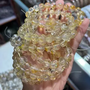 Herkimer Emas Kuning Bersinar Alami Berlian Wanita Bulat Manik-manik Kristal Gelang Mode Batu Perhiasan Grosir