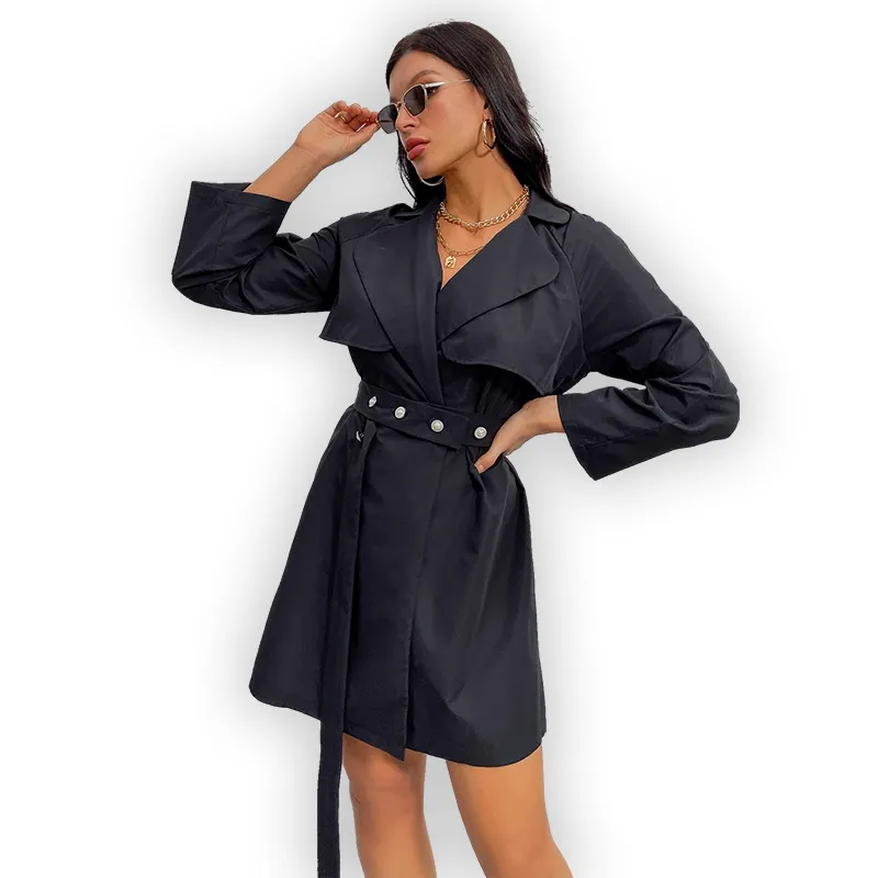 New clothes ladies tops Fashion Black autumn winter long-sleeved coat Casual woman apparel Trench coat dress