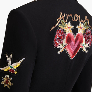 Blazer Negro Personalizable para <span class=keywords><strong>Mujer</strong></span>, Adornado con Bordado Floral de Corazón y Pájaro - Product Image 3