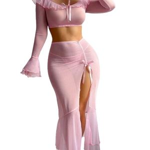 Lingerie sexy de style européen et américain, haut court à manches longues en dentelle à volants, respirant, en maille, avec jupe longue pour femmes - Product Image 5
