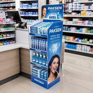 Dental Care Display Corrugated Paper Floor <b>Stand</b> 4-Tier Blue Rack For Oral Hygiene Products Supermarket Pharmacy Area - Product Image 2