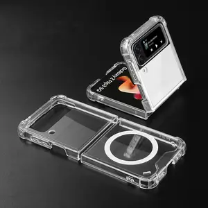 Custom Wholesale Bulk Tpu Pc Back Hard Protective Crystal Clear Transparent Magnetic Phone Case For Samsung Z Flip 4 5 Case