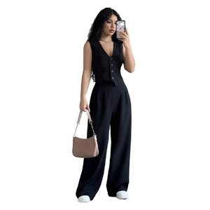 Women's Black V-Neck Sleeveless Button Front <b>Jumpsuit</b> Loose Fit Full Length Solid Color Casual Summer Wear <b>With</b> <b>Pocket</b> - Product Image 1