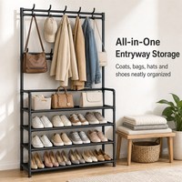 Porte-vêtements 5 niveaux noir et blanc avec 8 crochets, porte-manteau et organisateur de chaussures, armoire de rangement pour entrée, structure métallique, vente en gros
