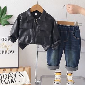 2026 New Boys Spring Autumn Clothing Set Stylish Lapel Faux <strong>Leather</strong> <strong>Jacket</strong> With Square Pocket Two Piece Outfits for Baby Kids - Product Image 3