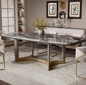 Mesa de comedor rectangular redondeada personalizada de gama alta moderna nórdica, mesa de comedor con diseño de roca de mármol - Product Image 2