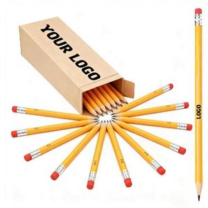 Crayons en bois hexagonaux jaunes HB avec gomme, personnalisables, pour cadeaux promotionnels et publicitaires en gros - Product Image 1