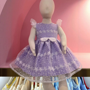 Vestido de encaje para niñas, estilo princesa, color morado, con lazo, sin mangas, ropa para niños - Product Image 2