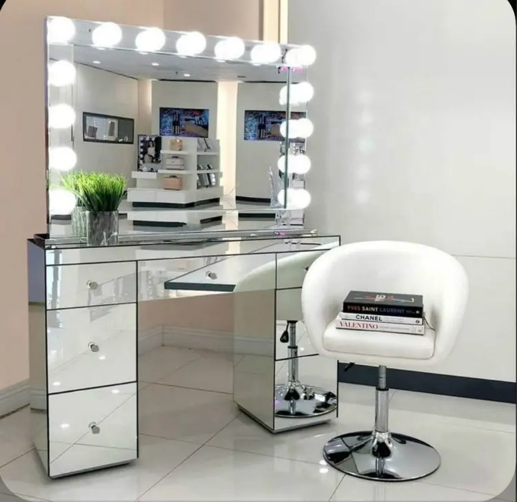 Conjunto de mesa de vidro espelhado, conjunto de mesa com gavetas iluminadas para quarto espelho maquiagem