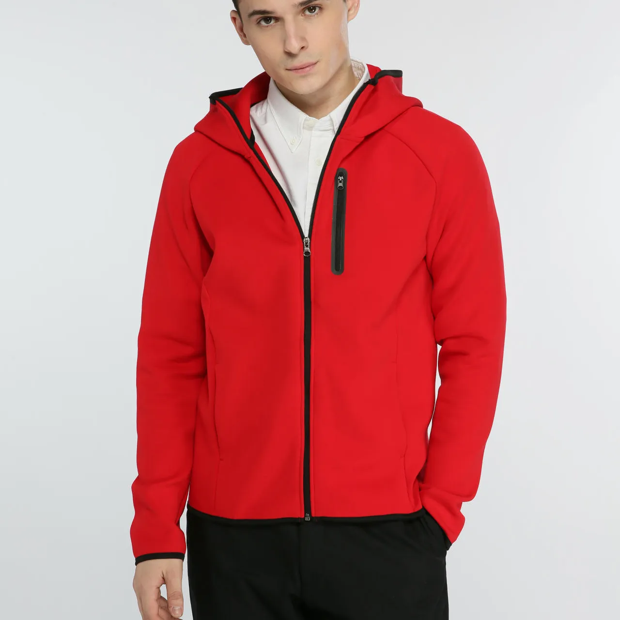 Tùy Chỉnh Logo 100% Cotton Dài Tay Áo Người Đàn Ông Hoodies Áo Red Zipper Jacket Áo Thun Áo