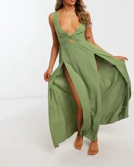 TIE Trở Lại Sexy Dài Lãng Mạn Bãi Biển Maxi Dress Với Twist Chi Tiết Phía Trước