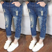 Calça jeans infantil casual, calça jeans rasgada para meninas