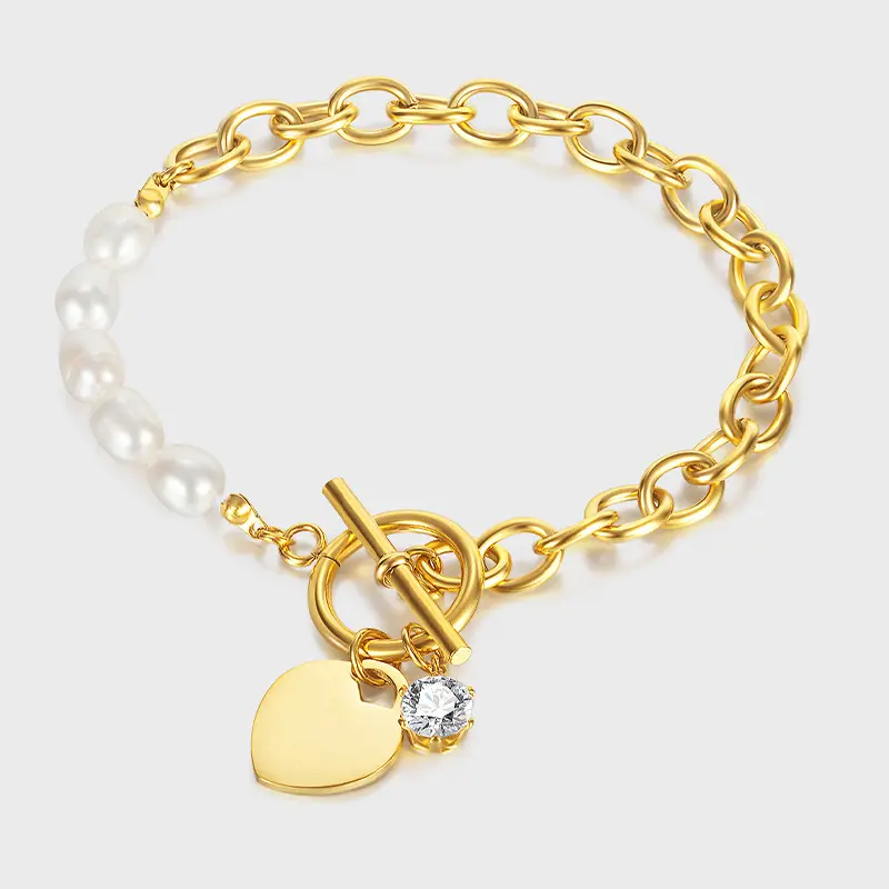 Fashion Ins Crystal Heart Charm Stainless Steel Chain Fresh Water Pearl Bracelet For Women