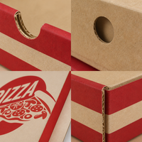 Boîte à pizza personnalisée en carton ondulé naturel avec couvercle à encoche, rayures rouges, résistante à la graisse, ventilée, imprimée, pour vente à emporter, MOQ 500 pièces