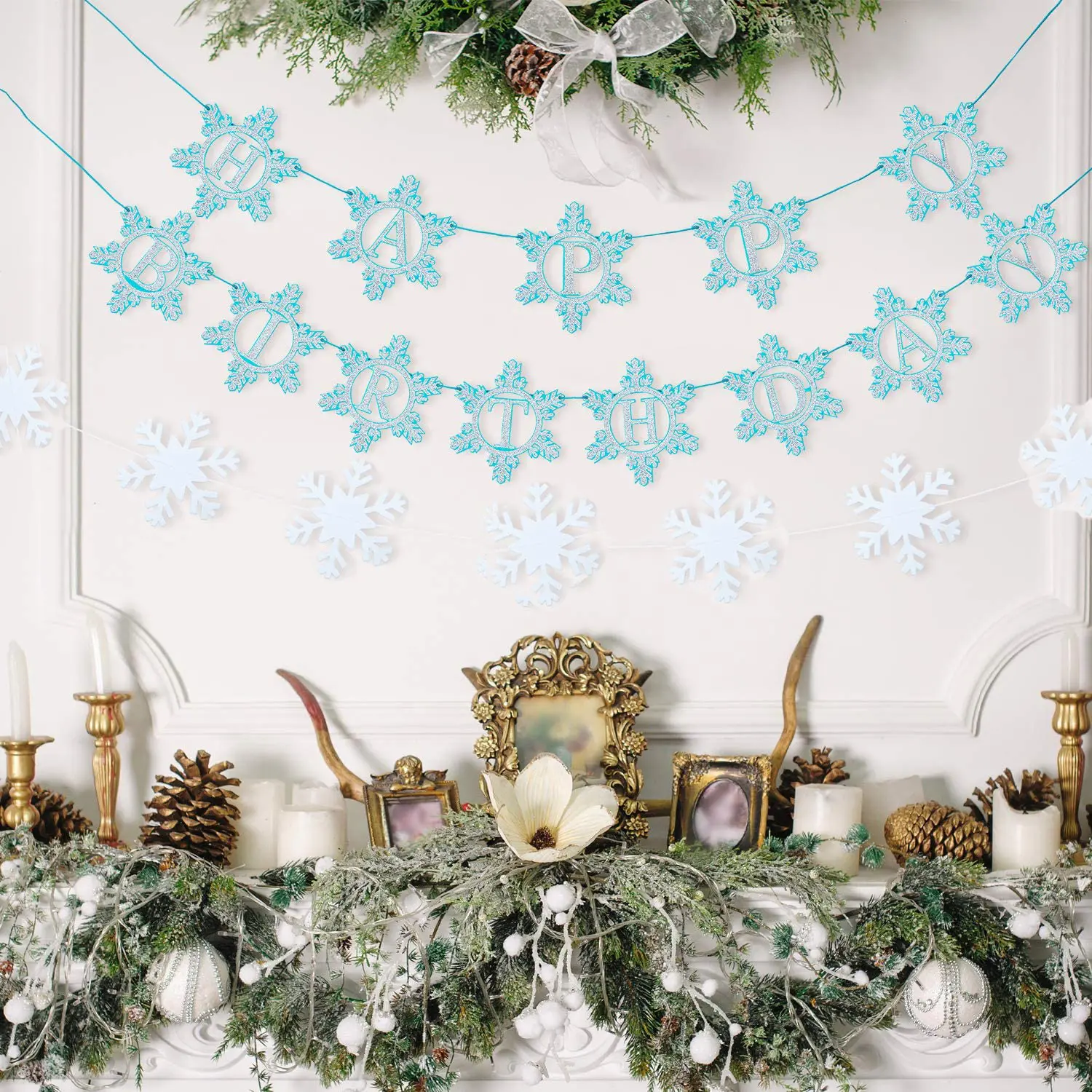 Hot Selling Snowflake Happy Birthday Banner Winter Wonderland Ice Theme Christmas New Year Banner Party Christmas Banner